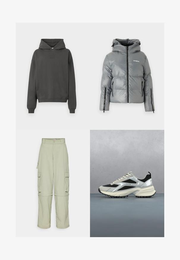 Grijze pufferjack met een capuchon, met een ritssluiting aan de voorkant, twee zijzakken met rits en een logo op de borst. Glad, glanzend materiaal.; Donkergrijze hoodie van zacht materiaal, met een trekkoord in de capuchon, geribde mouwen en een discreet logo op de voorkant gedrukt.; Lichtbeige cargobroek met riemlussen, zijflapzakken en ritsbenen die kunnen worden omgevormd tot shorts.; Moderne zwarte en zilveren Calvin Klein sneaker zwevend boven een houten tegelvloer met een wazige buitenachtergrond.