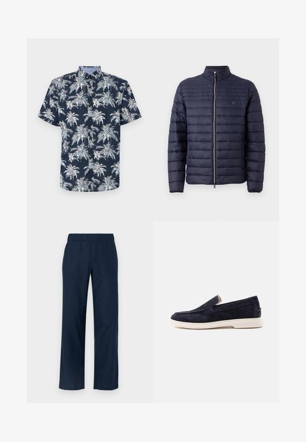Chaqueta de hombre acolchada azul marino con cuello alzado, cremallera frontal y patrón de acolchado horizontal. Fabricada en tejido ligero y suave.; Camisa de manga corta, abotonada, en azul marino con un estampado de palmeras blancas. Presenta un cuello con pico y botones marrones. Tejido texturizado.; Pantalones de pierna ancha en azul marino con cintura elástica, que cuentan con dos bolsillos frontales y una textura de tela suave y ligera.; Mocasín de ante azul marino para hombre con suela de goma blanca, diseño sin cordones y detalles de costura sutiles sobre un fondo blanco.