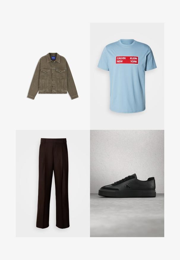 Herre olivengrøn denimjakke med knapper, to brystlommer med klap og sidelommer, mærket HUGO label indeni kraven.; Calvin Klein Jeans BOX GRAPHIC TEE - T-shirts print - smoke blue; Brune skræddersyede bukser med lige ben, featuring en frontfold, glat texture og klassisk talje. Egnet til formelt brug.; Sort lavtop sneakersko med snørebånd og præget logo, svævende over en poleret beton gulv nær en væg med glaspaneler.