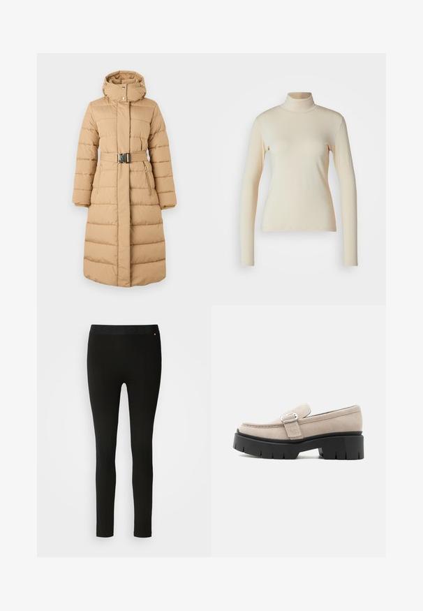 JOOP! CASSANDRA - Abrigo de invierno - medium beige; Top de manga larga de color crema con cuello alto, hecho de una tela suave y elástica; diseño ajustado con cuello alto y sin patrones o acentos visibles.; Leggings negros con una textura suave, que cuentan con una cinturilla flexible y sutiles detalles en las costuras. Sin patrones ni elementos de hardware presentes.; Mocasín de ante beige con hebilla plateada y suela negra gruesa y gruesa, vista lateral sobre fondo blanco.
