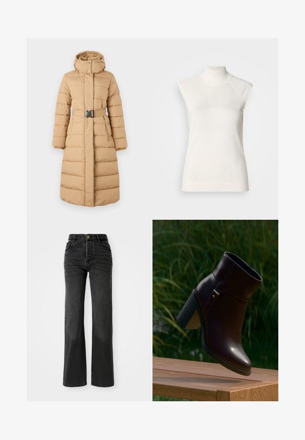 JOOP! CASSANDRA - Manteau d'hiver - medium beige; Haut sans manches à col roulé blanc en matière douce ; présente une coupe ajustée avec un col montant et une texture subtilement côtelée à l'ourlet.; Jean en denim noir avec taille haute, coupe droite, fermeture à bouton en laiton et décoloration subtile. Comprend quatre poches et des détails cousus.; Bottine en cuir marron foncé avec talon épais et haut sur surface en bois, arrière-plan de feuillage vert flou.