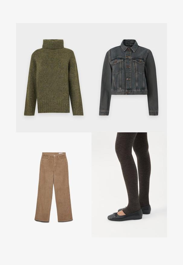 Veste en denim gris foncé avec fermeture à boutons, deux poches poitrine avec rabats à boutons, manches longues et un col classique sur un fond blanc.; Vero Moda Knitted VMINGRID Knitted - Pullover - grape leaf; Pantalon large en velours côtelé marron. Caractérisé par un tissu texturé, cinq poches et une fermeture par bouton. Coupe droite de la hanche à l'ourlet.; Jambes portant des leggings côtelés foncés associés à des ballerines noires avec de petits détails en nœud sur fond blanc.