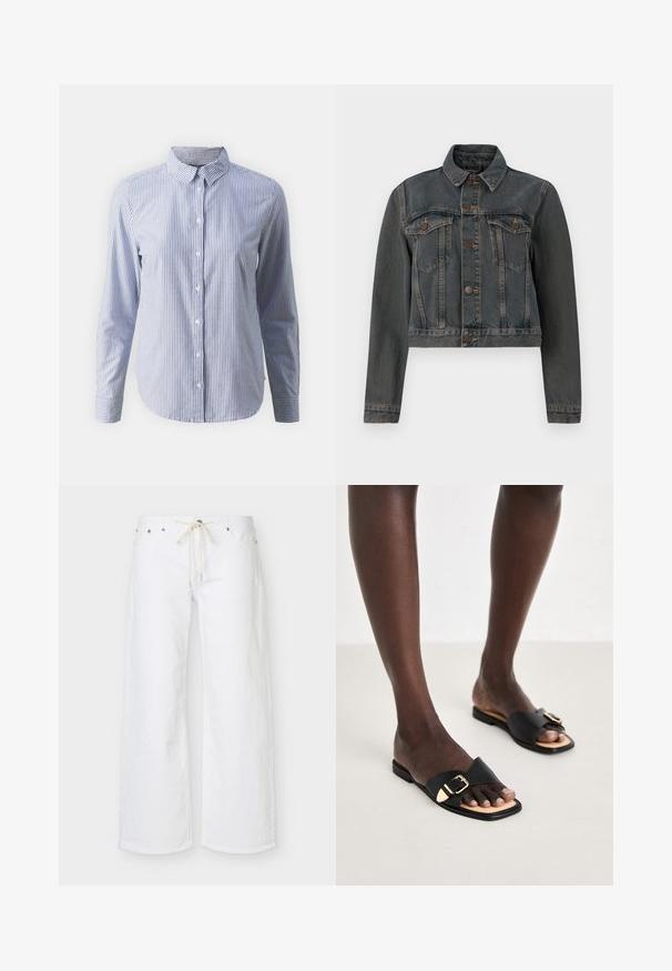 Mørkegrå denimjakke med knapfront, to brystlommer med knapklapper, lange ærmer og klassisk krave på en hvid baggrund.; Button-up skjorte i blå og hvide vertikale striber; lange ærmer, krave og en glat bomuldsstruktur med en lige bund.; Hvide bukser med vide ben og forlommer samt en beige snor i taljen, vist på en ensfarvet baggrund.; Sorte flade sandaler lavet af læder med en bred rem, der har en guldbuckle. Sålen er flad og fremviser et minimalistisk design.