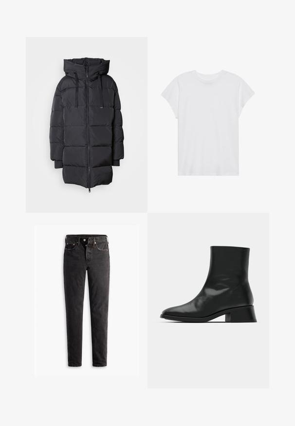 Mos Mosh MMNOVA AVON - Gewatteerde jas - dark grey; Witte t-shirt met korte mouwen, ronde hals, relaxte pasvorm, gemaakt van zacht katoen. Glad textuur, geen patronen of logo's.; Zwarte denim jeans met een rechte pijp, voorzien van vijf zakken, koperen hardware en een licht vervaagde textuur.; Zwarte enkelboot van glanzend leer, met een slank ontwerp, spitse neus en een gematigde blokhak voor stabiliteit.