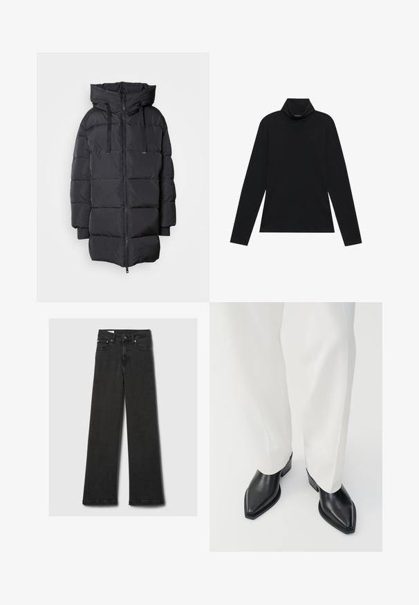 Mos Mosh MMNOVA AVON - Doudoune - dark grey; Turtleneck à manches longues noir. Tissu doux, design près du corps, col montant et coutures latérales. Style simple et polyvalent, idéal pour le superposition.; Jeans noirs taille haute à jambes droites avec cinq poches et rivets en cuivre, posés à plat sur un fond gris clair.; Bottines noires à bout pointu en cuir lisse, avec des talons bas en bloc, associées à un pantalon large blanc. Design simple et moderne.