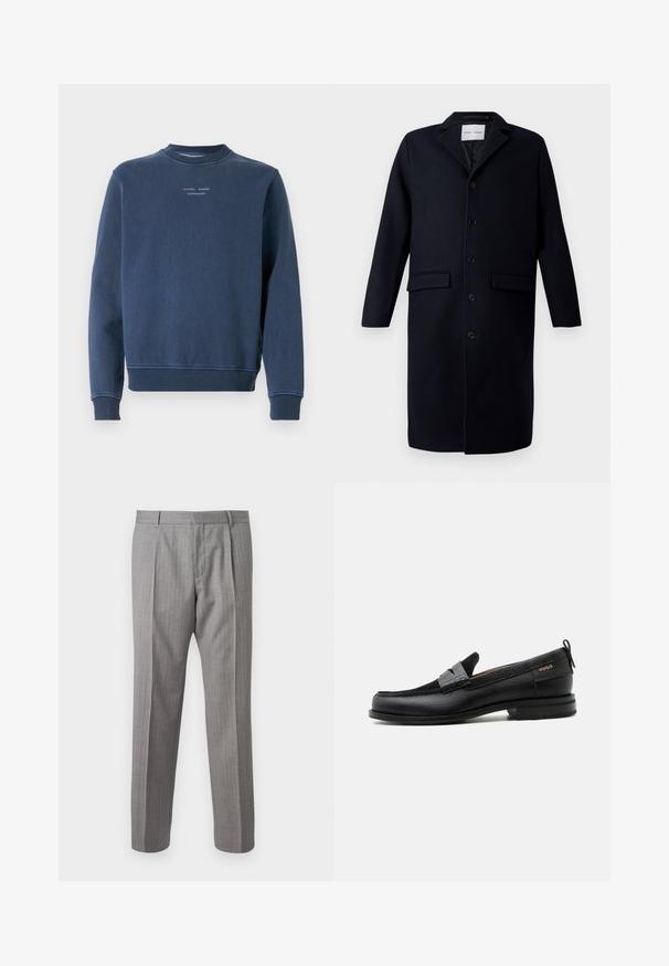 Manteau en laine bleu marine foncé avec col cranté, manches longues, fermeture à boutons, deux poches avant et une coupe droite.; Sweatshirt bleu marine en coton texturé. Doté d'un col rond, de manches longues et de bords côtelés. Marquage visible sur la poitrine.; Pantalon gris à rayures fines avec une coupe ajustée, présentant des plis avant, des passants de ceinture et une texture lisse. Design à jambes droites, ourlets nets.; Mocassin en cuir noir avec détail de bride grise, talon bas et semelle texturée, marqué "HUGO" en or sur le côté.