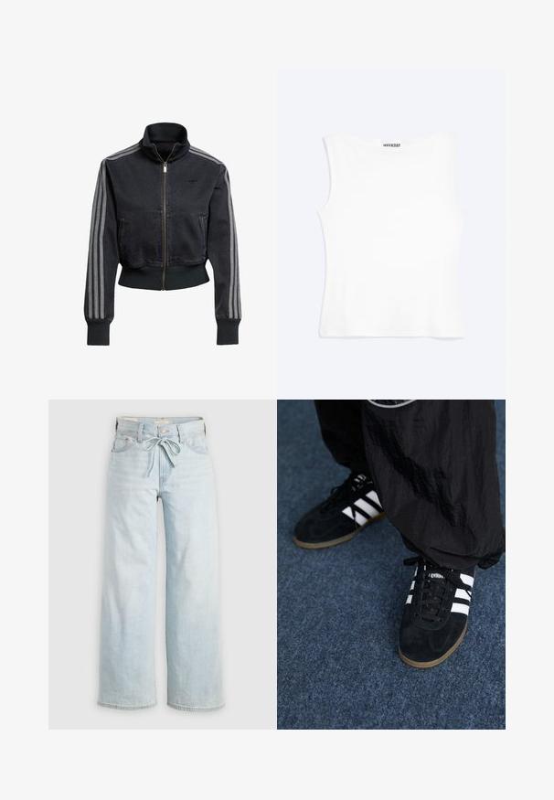 Schwarze Jeansjacke mit einem Reißverschluss vorne, hohem Kragen und grauen drei Streifen-Akzenten an den Ärmeln. Mit gerippten Bündchen und Saum.; Weißes, ärmelloses, figurbetontes Tanktop mit rundem Ausschnitt und minimalistischem Design, innen am Kragen mit der Aufschrift „WEEKDAY“.; Helleblaue, weit geschnittene Jeans mit einer Bindeschlaufe, klassischem Fünf-Taschen-Design und subtilen Auswaschungen an den Beinen. Aus Denim-Material.; Schwarze Wildleder-Sportschuhe mit drei weißen Streifen und schwarzen Schnürsenkeln. Eine strukturierte schwarze Hose ist teilweise neben den Schuhen sichtbar.