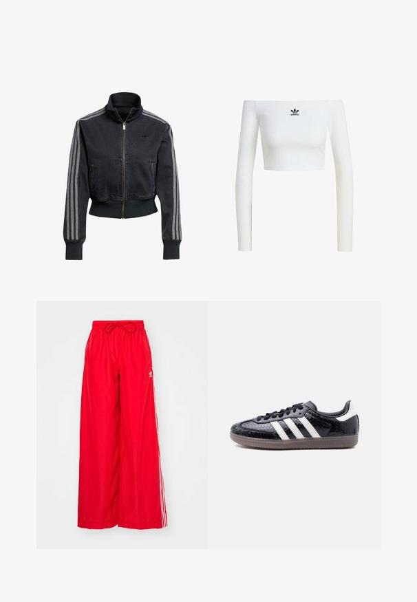 Schwarze Jeansjacke mit einem Reißverschluss vorne, hohem Kragen und grauen drei Streifen-Akzenten an den Ärmeln. Mit gerippten Bündchen und Saum.; Weißes, schulterfreies Crop-Top aus Rippstoff mit langen Ärmeln und kleinem schwarzem Adidas-Logo auf der Vorderseite.; Rote weit geschnittene Hose aus leichtem Stoff, mit weißen Seitenstreifen und einem elastischen Bund mit Kordelzug.; Schwarzer Sneaker mit flachem Profil und texturiertem Schlangenledermuster, weißen Streifen an der Seite, schwarzen Schnürsenkeln und einer durchscheinend braunen Sohle.