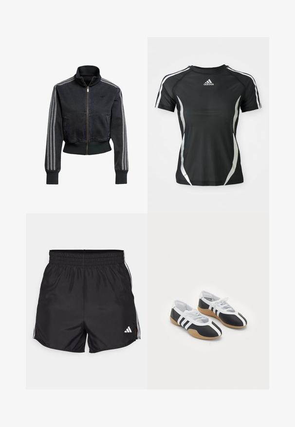 Schwarze Jeansjacke mit einem Reißverschluss vorne, hohem Kragen und grauen drei Streifen-Akzenten an den Ärmeln. Mit gerippten Bündchen und Saum.; Schwarzes Adidas Sport-T-Shirt mit kurzen Ärmeln, weißen Streifen an den Schultern und silbernen gewölbten Akzenten an den Seiten.; Schwarze Sportshorts mit elastischem Bund, seitlichen Schlitzen und weißen drei Streifen Akzenten. Enthält ein kleines weißes Logo auf der unteren rechten Seite.; Schwarz-weiße Sportschuhe mit einem eleganten Design, Gummisohle, Schnürverschluss und drei weißen Streifen an den Seiten.