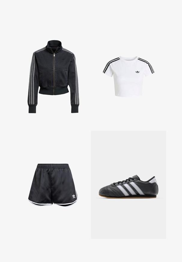 Schwarze Jeansjacke mit einem Reißverschluss vorne, hohem Kragen und grauen drei Streifen-Akzenten an den Ärmeln. Mit gerippten Bündchen und Saum.; Weißes Cropped-T-Shirt mit schwarzem Adidas-Trefoil-Logo auf der Brust und drei schwarzen Streifen entlang der Schultern und Ärmel.; Schwarze Sportshorts aus glattem synthetischem Material, mit weißen seitlichen Akzenten und einem gestickten Logo unten links.; Schwarzer Sportschuh aus Leder mit weißen Streifen, runder Spitze, flacher Sohle und Schnürverschluss. Besitzt Perforationen für Atmungsaktivität.