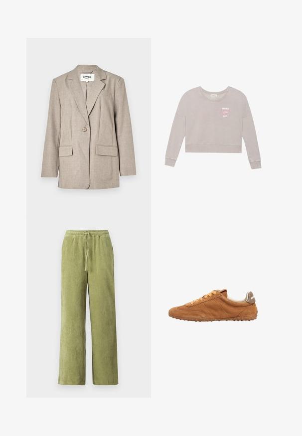 Hellbrauner Blazer aus strukturiertem Stoff, mit zwei Fronttaschen, einem Ein-Knopf-Verschluss und einem Reverskragen-Design.; Helles graues, tailliertes Sweatshirt mit langen Ärmeln, weicher Textur und Druck "SUMMER LOVE CLUB" in Pink. Verfügt über einen runden Halsausschnitt und ein geripptes Bündchen.; Grüne Cord-Hosen mit weitem Bein, elastischem Bund und Kordelzug. Vertikale Rillen im Stoff schaffen Textur.; Braune Wildleder-Sneaker mit gerundetem Zehenbereich, flacher Gummisohle und orangenen Schnürsenkeln. Seitliche Akzente umfassen gestickte Linien und eine graue Ferse.
