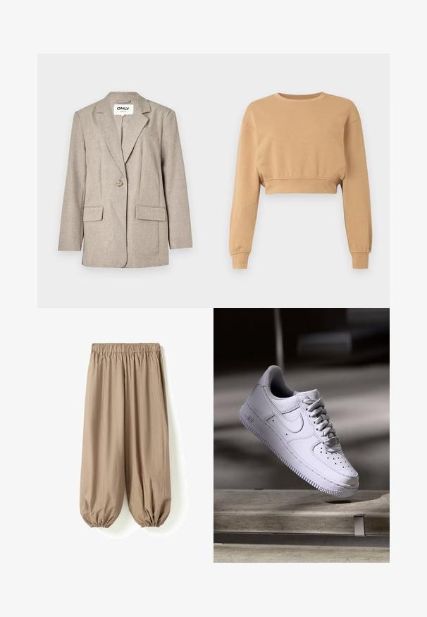 Blazer marron clair en tissu texturé, doté de deux poches avant, d'une fermeture à un seul bouton et d'un design à revers cranté.; Sweatshirt court en marron clair, fabriqué en tissu doux. Il dispose de manches longues, d'un col rond et d'un élastique discret aux poignets et à l'ourlet.; Pantalon beige ample avec taille élastique et poignets froncés resserrés aux chevilles, en tissu léger.; Baskets Nike Air Force 1 blanches lévitant au-dessus d'une surface en béton avec des ombres dans un cadre minimaliste.