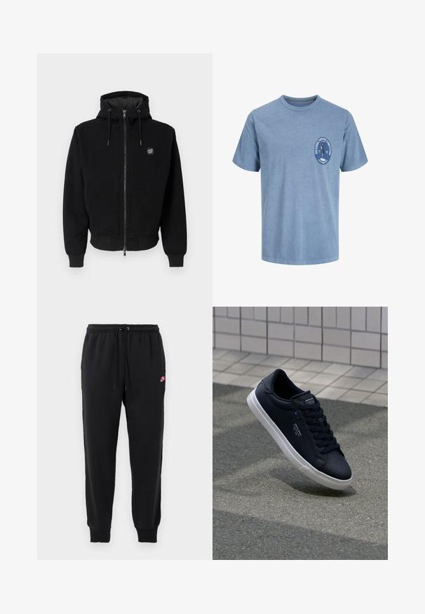 Sort hættetrøje lavet af bomuldsblanding med lynlås foran, ribstrikkede manchetter og kant, samt et logopatch på venstre bryst.; Lyseblå kortærmet T-shirt med lille brystlogo, der viser en surfer og teksten '"Big Barrel Surfing Competition, Local Members Only."'.; Sorte svedbukser lavet af blødt stof med elastisk talje, justerbar snøre og et lille pink Nike-logo på venstre side.; Sort lædersneaker med en glat overflade, hvid gummisål og tonale snørebånd. Har mærkeaccentuer på tungen og siden.