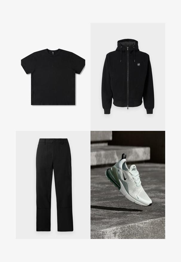 Schwarzer Kapuzenpullover aus Baumwollmischung mit Frontreißverschluss, gerippten Bündchen und Saum sowie einem Logopatch auf der linken Brust.; Schwarzes Kurzarm-T-Shirt aus Baumwolle mit Rundhalsausschnitt, ausgestattet mit einem dezenten Logo in der Mitte und einem entspannten Schnitt.; Schwarze Hose aus einem glatten Stoff, mit flachem Frontdesign, zwei Eingrifftaschen und geradem Bein, versehen mit dezenten Nähten.; Weißer und grauer Nike Air Max Sneaker, der über Betonstufen schwebt und dabei seine Dämpfung und atmungsaktive Gestaltung hervorhebt.