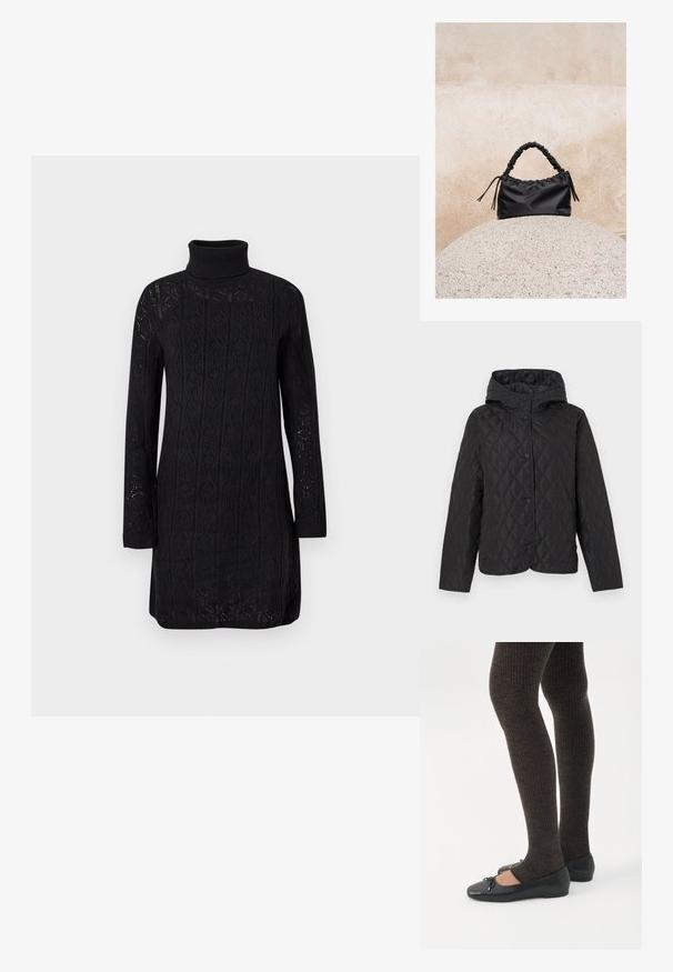 Veste matelassée noire avec capuche et boutons-pression, présentant un motif de piqûre losange et des manches longues.; Robe noire en tricot à manches longues avec col roulé, texture à motif et poignets côtelés, présentée sur un fond clair uni.; Jambes portant des leggings côtelés foncés associés à des ballerines noires avec de petits détails en nœud sur fond blanc.; Sac à main noir froncé avec une poignée froncée, posé sur une sphère en pierre texturée devant un mur en béton beige.