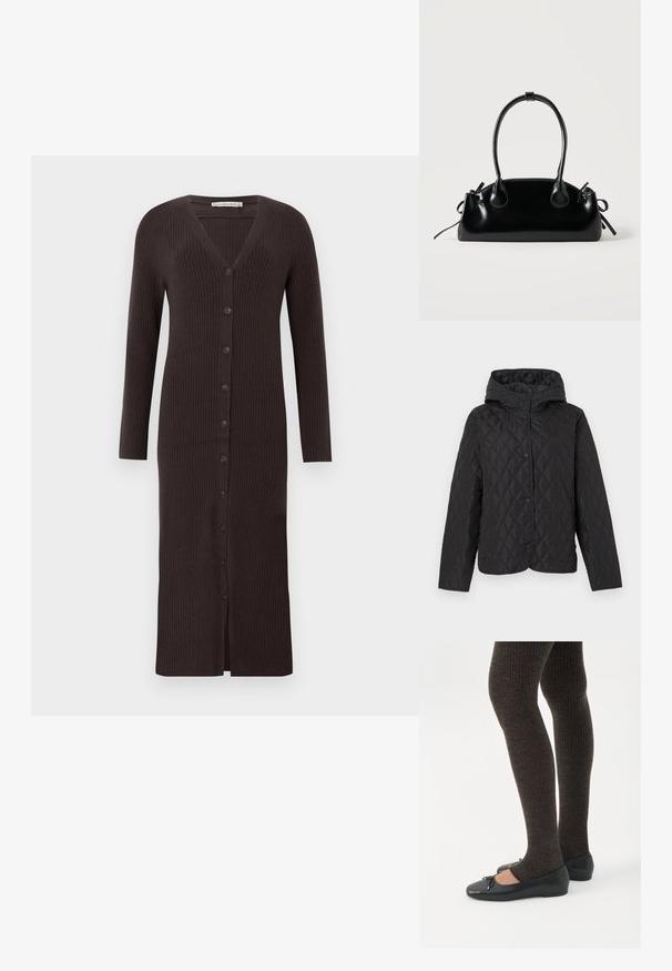 Veste matelassée noire avec capuche et boutons-pression, présentant un motif de piqûre losange et des manches longues.; Cardigan long, marron foncé, côtelé, avec un col en V, des manches longues et une fermeture à boutons sur le devant avec 7 boutons. Longueur mi-mollet.; Jambes portant des leggings côtelés foncés associés à des ballerines noires avec de petits détails en nœud sur fond blanc.; Petit sac à main noir brillant avec deux longues anses et des détails à cordon sur les côtés sur un fond clair uni.