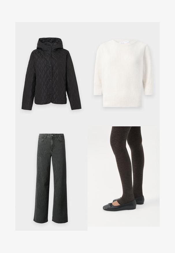 Veste matelassée noire avec capuche et boutons-pression, présentant un motif de piqûre losange et des manches longues.; Pull en tricot blanc avec un col rond, des manches mi-longues et un ourlet côtelé. Texture douce, tissu léger et sans motifs visibles.; Jeans évasés en denim gris foncé, présentant une texture subtile à motif zèbre, des coutures contrastées, et un design à cinq poches avec un zip à bouton.; Jambes portant des leggings côtelés foncés associés à des ballerines noires avec de petits détails en nœud sur fond blanc.