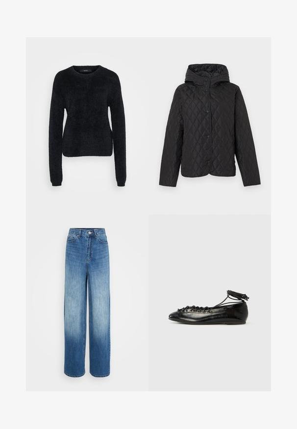 Chaqueta negra acolchada con capucha y botones a presión, con costuras en forma de diamante y mangas largas.; Suéter negro hecho de un tejido esponjoso, con mangas largas, un escote redondo y un dobladillo ligeramente corto con una superficie texturizada.; Jeans de tiro alto y pierna ancha en azul con detalles deslavados, cierre frontal de botón y cremallera, y estilo de cinco bolsillos.; Zapatos planos tipo ballet de charol negro con punta redondeada, diseño con cordones y suela plana. Textura lisa con detalles mínimos.