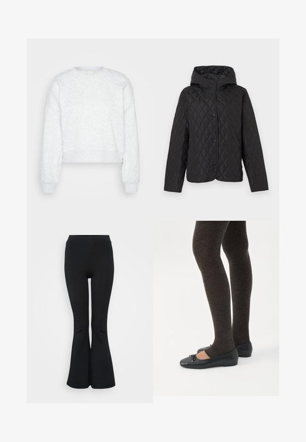 Veste matelassée noire avec capuche et boutons-pression, présentant un motif de piqûre losange et des manches longues.; Sweatshirt court à manches longues de couleur gris clair, avec des poignets côtelés et un col rond haut, présenté sur un fond uni léger.; Leggings noires évasées en matériau extensible. Dotés d'une taille haute et d'une texture lisse. Se terminent par un ourlet évasé.; Jambes portant des leggings côtelés foncés associés à des ballerines noires avec de petits détails en nœud sur fond blanc.
