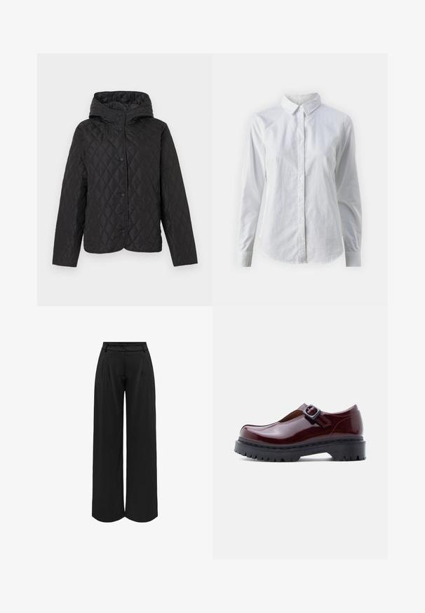 Veste matelassée noire avec capuche et boutons-pression, présentant un motif de piqûre losange et des manches longues.; Chemise blanche à manches longues en coton lisse, dotée d'un col classique et d'un ourlet arrondi. Les boutons sont petits et blancs.; Pantalons larges noirs avec une taille ajustée, plis plats à l'avant et fermeture à bouton. Fabriqués dans un matériau fluide, présentant une texture lisse.; Chaussure en cuir verni bordeaux avec un bout rond, une boucle ajustable et une semelle plateforme noire épaisse à texture rainurée.
