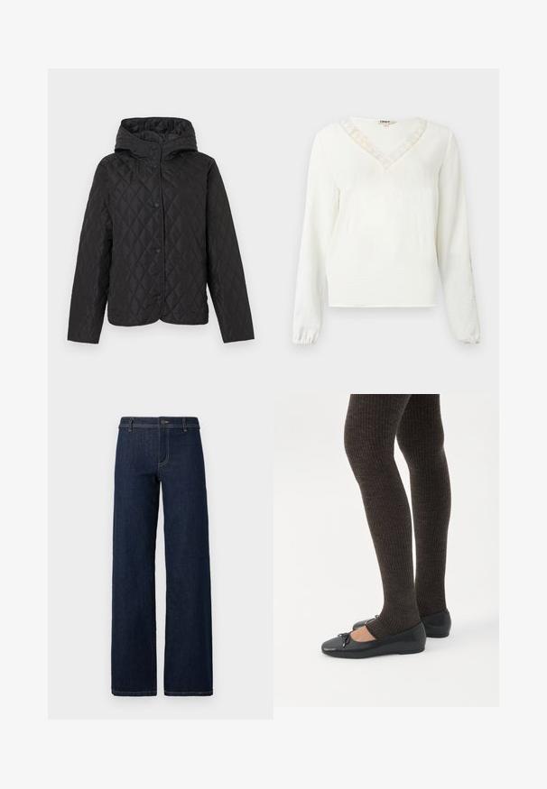 Chaqueta negra acolchada con capucha y botones a presión, con costuras en forma de diamante y mangas largas.; Blusa blanca de manga larga con escote en V, adornada con encaje, tejido texturizado y puños elásticos.; Jeans de pernera ancha de lavado oscuro con un diseño clásico de cinco bolsillos, hechos de denim, con costuras doradas y un cierre de botón en la cintura.; Piernas con leggings oscuros acanalados combinados con bailarinas negras que presentan pequeños detalles de lazo sobre un fondo blanco.