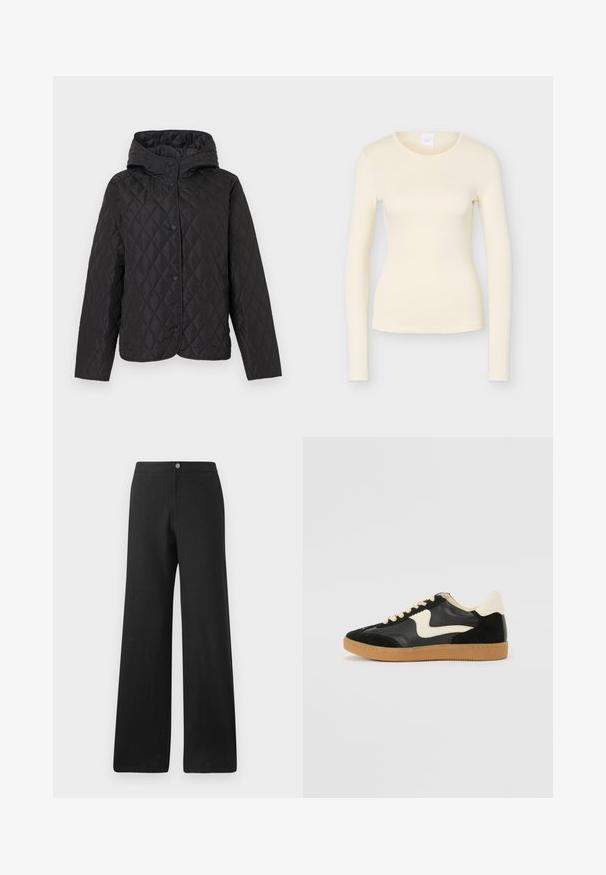 Chaqueta negra acolchada con capucha y botones a presión, con costuras en forma de diamante y mangas largas.; Camiseta ajustada de manga larga color crema con escote redondo, exhibida sobre un fondo liso gris claro.; Pantalones de pierna ancha negros, hechos de una tela suave, con un cierre frontal de botón, líneas limpias y un diseño minimalista sin patrones.; Zapatillas de deporte de ante y cuero negro con un swoosh lateral en crema y un talón en crema claro. Presenta cordones beige y una suela de goma marrón.