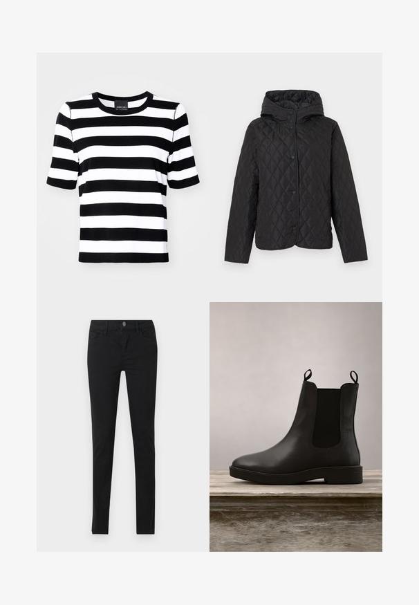 Veste matelassée noire avec capuche et boutons-pression, présentant un motif de piqûre losange et des manches longues.; T-shirt à rayures noires et blanches avec des manches courtes, un col rond et une coupe décontractée. Tissu doux avec un motif à rayures uniformes.; Jean noir slim avec poches avant, passants pour ceinture et fermeture par bouton, présenté à plat sur un fond clair.; Bottine en cuir noir avec des panneaux latéraux élastiques et un petit talon, dotée d'une finition lisse et d'un bout arrondi, positionnée au-dessus d'une surface en bois.