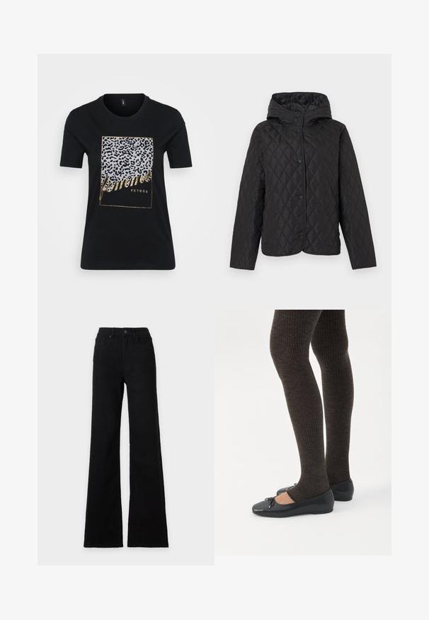Sort quiltet jakke med hætte og trykknapper, der har diamantformet syning og lange ærmer.; Sort bomuld T-shirt med leopardmønster og gyldent tekst, der står "femmes FUTURE" inden for en rektangulær ramme.; Sorte højtaljede jeans med knap- og lynlåslukning, forlommer, bæltestropper og vide, udvidede ben.; Ben iført mørke ribbede leggings kombineret med sorte balletsko med små sløjfedetaljer på hvid baggrund.