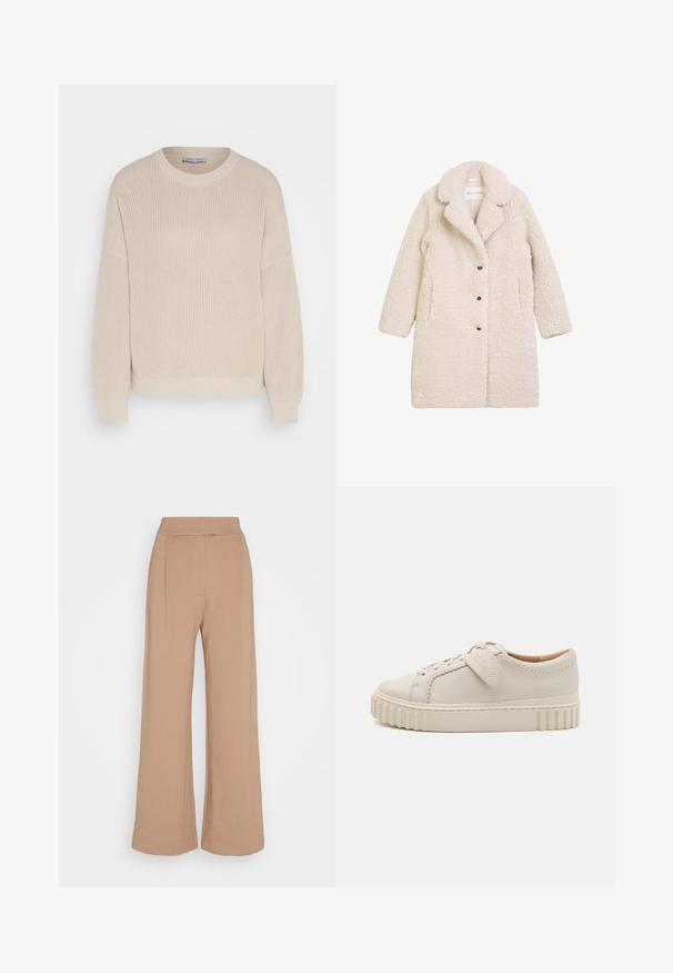 Cremefarvet fluffy frakke med klippet krave, frontknaplukning og sidelommer. Struktureret stof med et blødt udseende.; Anna Field by Zalando Striktrøje - grey; Anna Field by Zalando Bukser - brown; Hvide lædersneakers med tekstureret tåhætte, stikninger og en rillet gummisål. Inkluderer et brandet tag på siden.