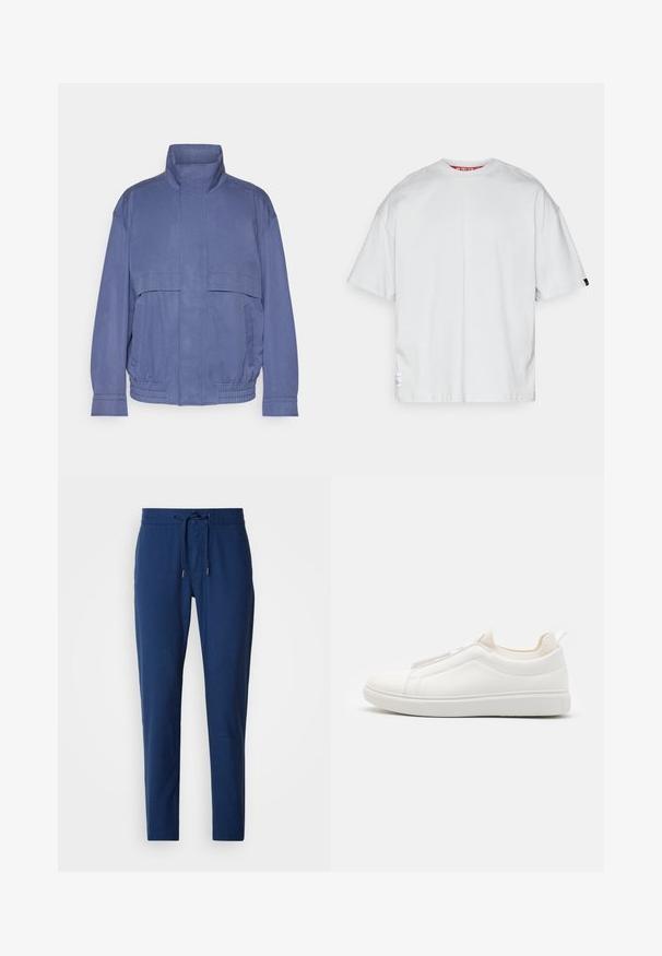 Veste légère bleue avec col montant, poches avant et ourlet élastiqué. Fabriquée en tissu lisse avec une finition légèrement texturée.; T-shirt blanc uni oversize à manches courtes avec col rond et petites étiquettes en tissu sur l'ourlet inférieur gauche et la manche droite.; Pantalon bleu marine en tissu doux, doté d'une taille élastique avec cordon de serrage et de jambes fuselées. Pas de poches visibles.; Baskets blanches à enfiler avec une tige en cuir texturé, des panneaux latéraux élastiques et une semelle en caoutchouc. Design minimaliste sans marquage visible.