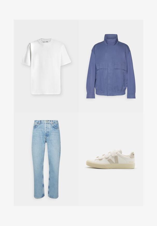Leichte blaue Jacke mit hohem Kragen, Fronttaschen und elastischem Saum. Hergestellt aus einem glatten Stoff mit leicht strukturiertem Finish.; Schlichtes weißes T-Shirt mit kurzen Ärmeln und Rundhalsausschnitt, flach auf einem hellgrauen Hintergrund liegend mit einem kleinen Markenlabel im Halsausschnitt.; Hellblaue Jeans aus Denim mit geradem Schnitt, hoher Taille, fünf Taschen-Design und sichtbaren Nähten an den Nähten und Säumen.; Weiße Leder-Sneaker mit Klettverschlüssen, beigen Akzenten, runder Zehenform, strukturiertem Gummisohle und eingeprägtem Logo. Minimalistisches Design.