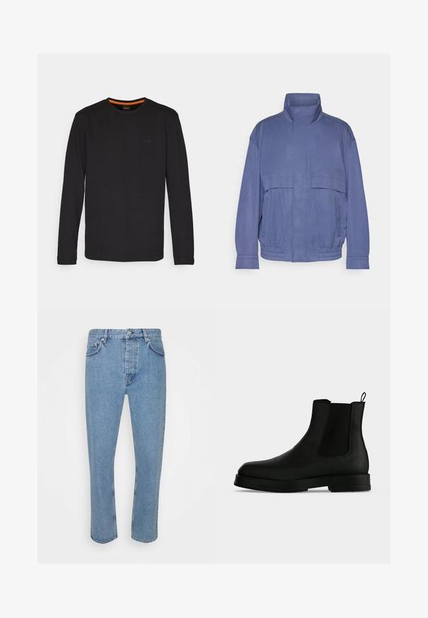 Lichte blauwe jas met hoge kraag, vo pockets en elastische zoom. Gemaakt van gladde stof met een licht gestructureerde afwerking.; Zwarte langslijf T-shirt van gladde stof, met een ronde halslijn en een klein reliëflogo op de borst met een oranje accent binnenin de kraag.; Lichtblauwe denimjeans met een rechte pijp. Bevat vijf zakken, een knoopsluiting en subtiele vervaging voor textuur.; Zwarte leren Chelsea-boot met elastisch zijpaneel, trek lus aan de achterkant en lage gestapelde zool op een effen lichte achtergrond.