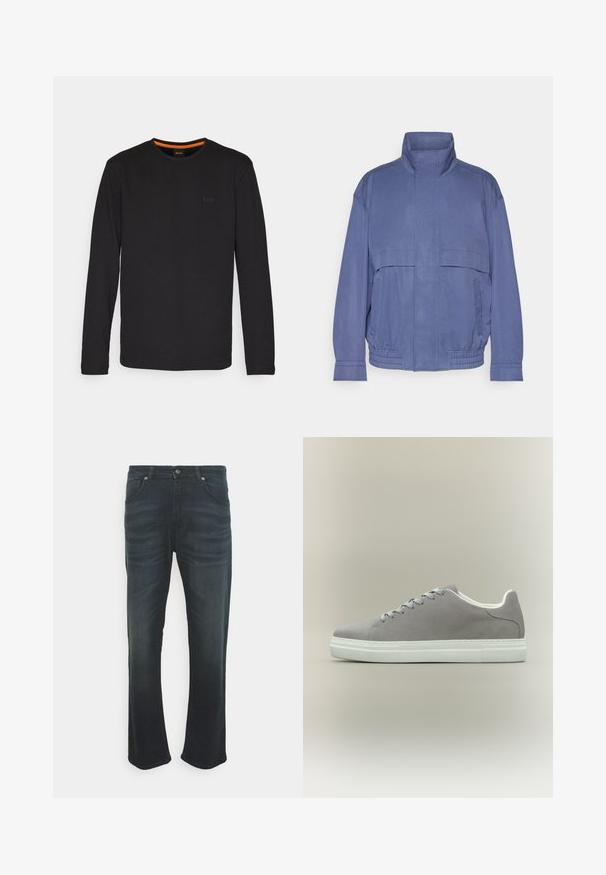 Veste légère bleue avec col montant, poches avant et ourlet élastiqué. Fabriquée en tissu lisse avec une finition légèrement texturée.; T-shirt noir à manches longues en tissu lisse, avec un col rond et un petit logo embossé sur la poitrine, agrémenté d'une touche orange à l'intérieur du col.; DRYKORN SIT - Jean droit - blue; Baskets en daim gris avec semelle en caoutchouc blanche et lacets, présentant un design bas et une texture lisse. Style minimaliste sans logos visibles.
