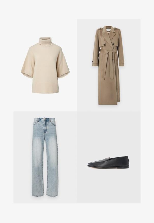 Long trench beige avec larges revers, épaulettes, poignets boutonnés, deux poches avant et une ceinture à la taille, présenté sur un fond gris.; Pull beige en maille à col roulé avec manches courtes larges et ourlet côtelé sur fond uni.; Jean large couleur bleu clair en denim, doté d'une taille haute, d'un design à cinq poches, d'une texture délavée et de détails de coutures visibles.; Mocassins en cuir noir à texture lisse, bout arrondi et détails de couture subtils. Ils présentent un accent logo doré sur le côté supérieur.