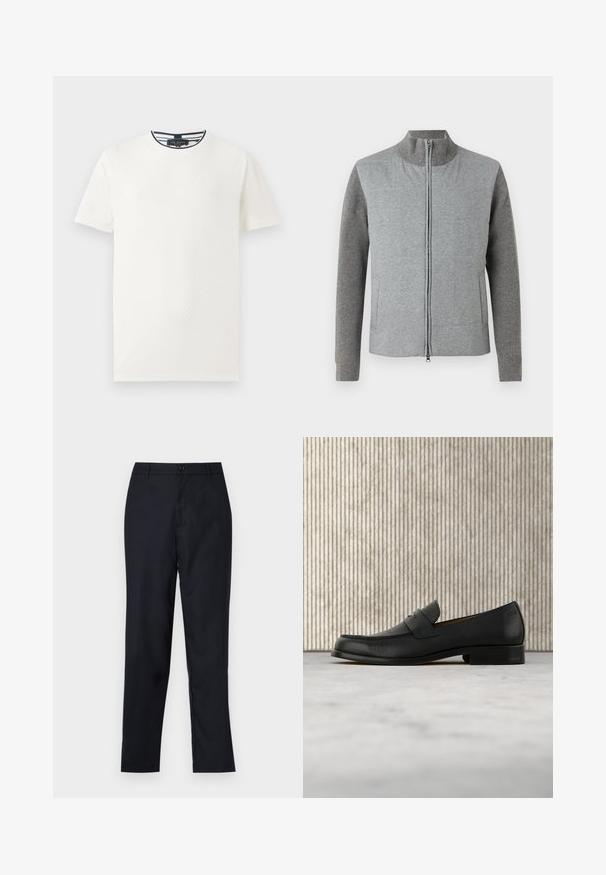 Graue Zip-Jacke mit glatter Vorderseite und gerippten Ärmeln. Stehkragen und seitliche Taschen, entworfen mit einer schlichten, modernen Silhouette.; Weißes T-Shirt mit kurzen Ärmeln, strukturiertem Muster, Rundhalsausschnitt und marineblau gestreiftem Besatz am Kragen. Leichter Stoff. Lässige Passform.; Marineblaue Hose aus glattem Stoff, mit geradem Beinschnitt, einem einzigen Knopfverschluss und dezenten vorderen Falten.; Schwarzer Leder-Slipper schwebt über einem beigen Teppich, im Hintergrund ein glänzender, runder brauner Tisch.
