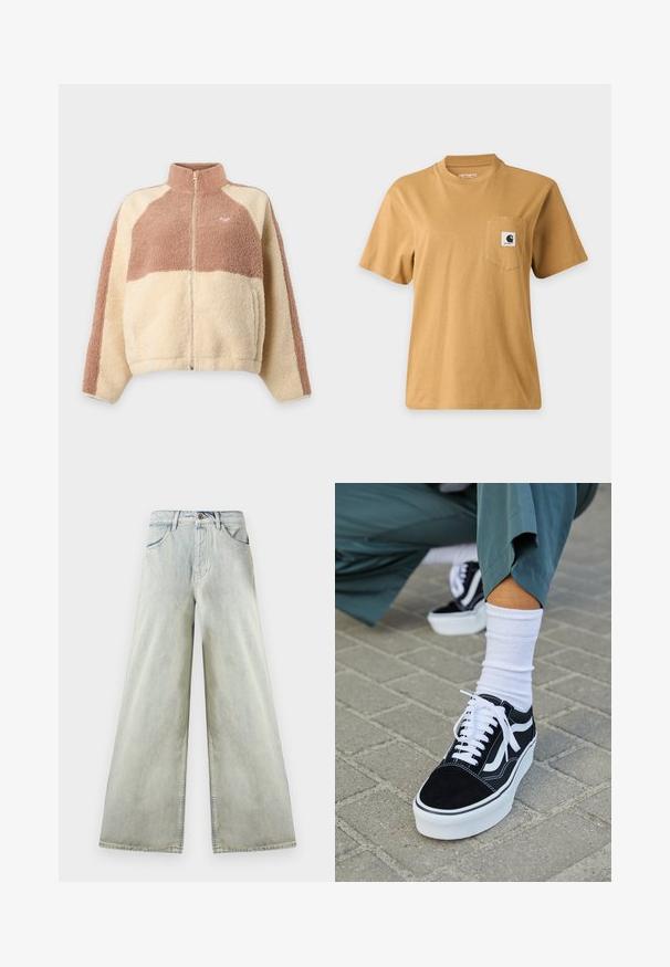 Ζακέτα fleece με ολόκληρο φερμουάρ μπροστά, ψηλό γιακά και χρωματικά μπλοκ σε μπεζ και ανοιχτό καφέ, με μικρό λογότυπο καρδιάς στο στήθος.; Απλό καφέ κοντομάνικο μπλουζάκι με τσέπη στο στήθος που διαθέτει τετράγωνο λογότυπο της μάρκας, εμφανιζόμενο σε απλό ανοιχτό φόντο.; Τζιν παντελόνι με ψηλή μέση, φαρδιά μπατζάκια σε ανοιχτή απόχρωση με μπροστινές τσέπες, θηλιές για ζώνη και καφέ κουμπί στο ύψος της μέσης.; Μαύρο σουέτ sneaker με λευκές λεπτομέρειες και κορδόνια, με παχύ λευκό πάτο και αντίθετη ραφή, συνοδευόμενο από λευκή κάλτσα.