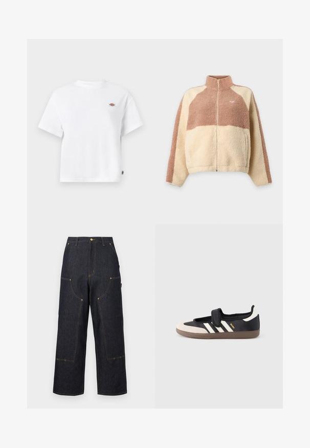 Fleecejack met een volledige rits aan de voorkant, hoge kraag en kleurvlakken in beige en lichtbruin, met een klein hartlogo op de borst.; Witte katoenen T-shirt met een relaxte pasvorm, voorzien van een klein logo-opdruk op de borst en een label aan de zijkant voor een extra detail.; Donkerblauwe wijde denim broek met meerdere zakken aan de voorkant, contrasterende oranje stiksels en een knoopsluiting in de taille.; Zwart-beige sneaker met een klittenbandsluiting, drie witte strepen aan de zijkant en een getextureerde bruine rubberen zool. Merkembleem zichtbaar.