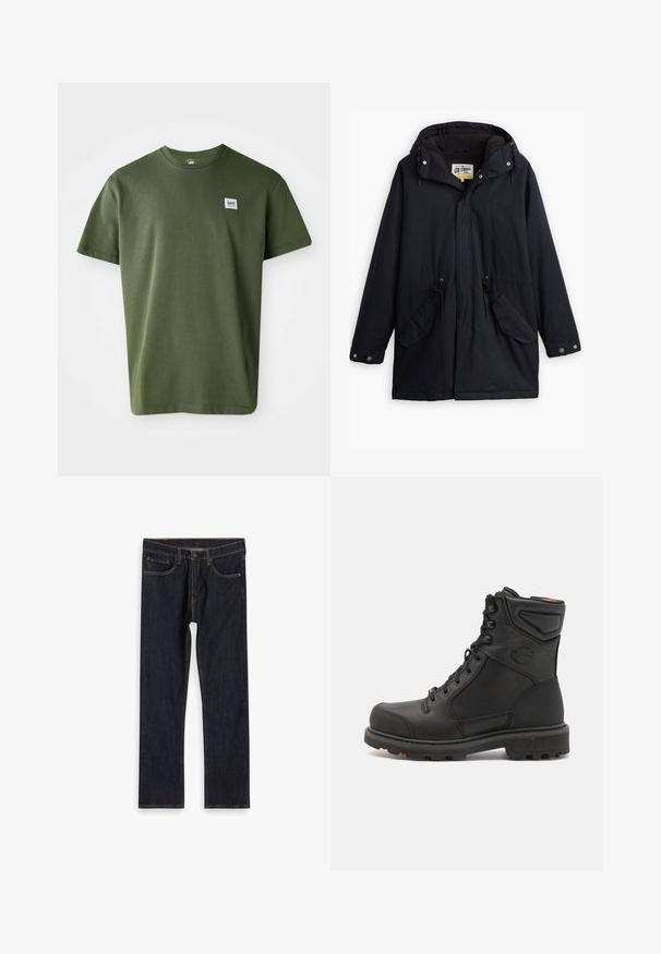 Parka negra impermeable con capucha desmontable, cintura ajustable con cordón, dos bolsillos laterales y forro suave. Presenta cierres a presión y un tejido duradero.; Camiseta de algodón verde oliva con cuello redondo, mangas cortas y un pequeño parche de logo en el lado izquierdo del pecho. Textura suave, corte relajado.; Jeans de mezclilla rectos de color azul oscuro con bolsillos frontales, lazos para cinturón y costuras naranjas en contraste, dispuestos sobre un fondo blanco.; Harley Davidson BROCKMAN WATERPROOF - Botines camperos - black