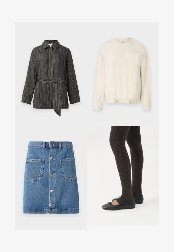Geruit jack in grijs en zwart, met een kraag, lange mouwen, een getailleerde taille met een stoffen riem en een geweven oppervlak.; Lichtbeige trui van zachte stof, met een ronde halslijn, lange mouwen en geribbelde manchetten en onderkant. Eenvoudig, klassiek ontwerp.; Jeansrok in een lichtblauwe tint, met een sluiting met knopen aan de voorkant, twee opgestikte zakken en een rechte snit. De stof heeft een klassieke textuur.; Benen met donkere geribbelde leggings gecombineerd met zwarte ballerina's met kleine strikdetails op een witte achtergrond.