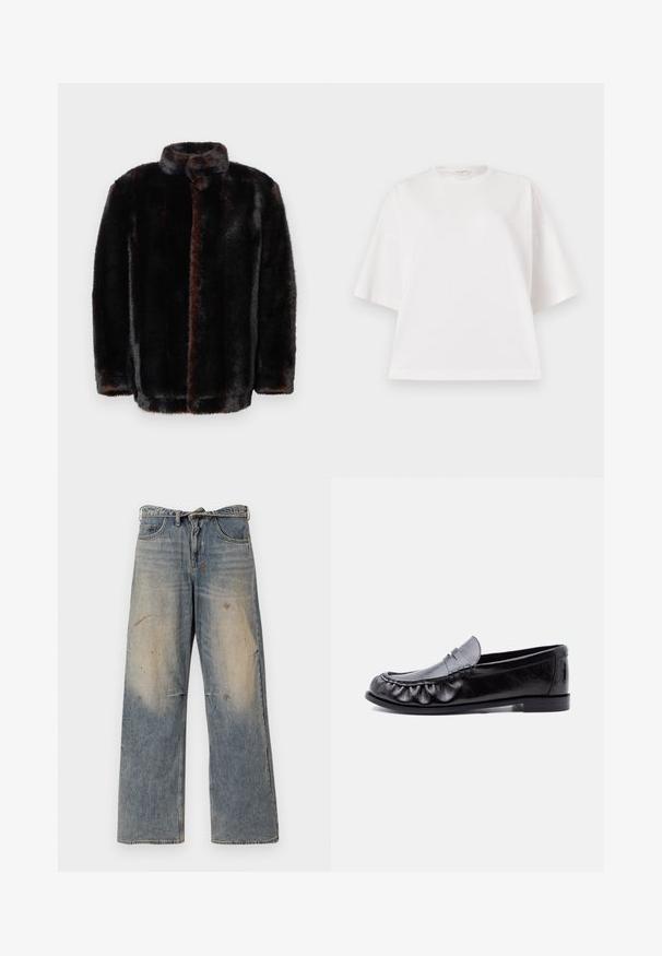Donkerbruine en zwarte nepbontjas met een opstaande kraag en lange mouwen tegen een witte achtergrond.; Witte oversized T-shirt met korte mouwen, ronde hals en afgezakte schouders op een lichtgrijze achtergrond.; Lichtblauwe denim jeans met een losse, recht gesneden pasvorm. Voorzien van slijtageplekken, vervaging en distressed details bij de knieën. Klassiek five-pocket ontwerp.; Zwarte leren herenslipper met pennyband en gedetailleerd stiksel langs de afgeronde neus, platte zool en lage hak.