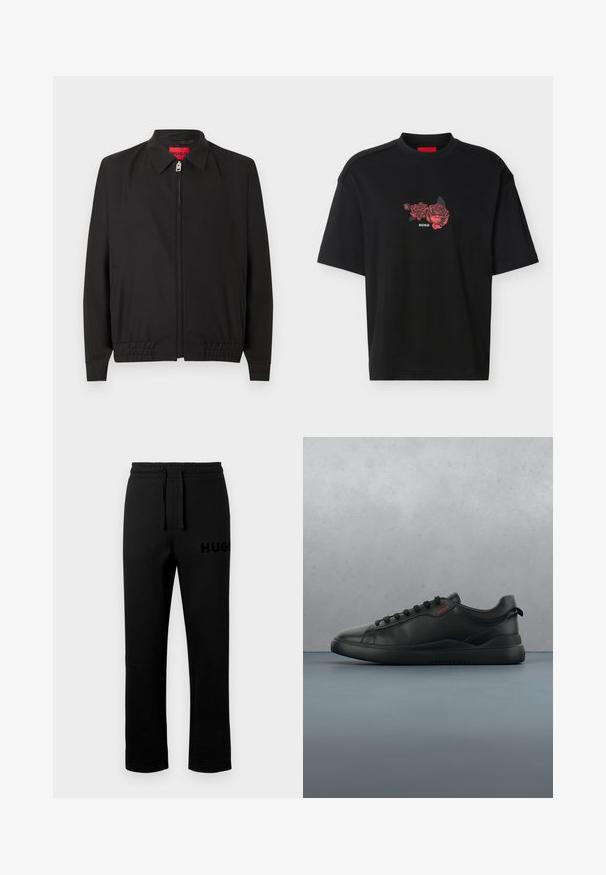 Sort lynlåstrøje med krave, elastisk kant, lange ærmer, sidelommer og rød indvendig etiket.; Sort T-shirt med korte ærmer, lille rød rosegrafik og "HUGO"-tekst trykt midt på brystet.; Sorte joggingbukser med elastisk linning, snor og et lille, præget "HUGO"-logo på venstre side. Glat tekstur, lige snit.; HUGO BLAKE - Sneakers - black