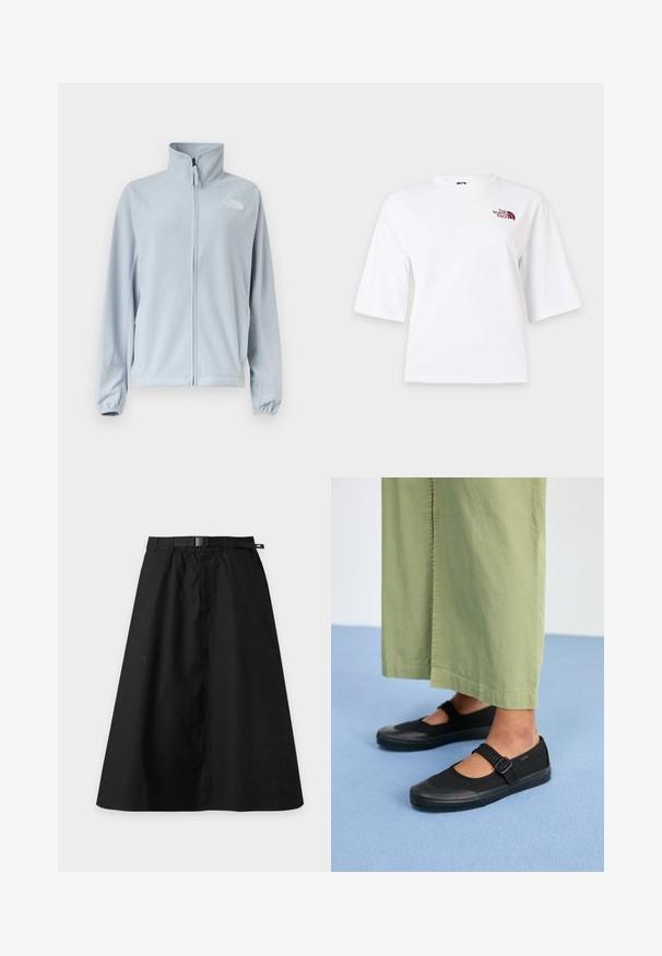 Hellblaue Fleecejacke mit durchgehendem Frontreißverschluss, hohem Kragen, Seitentaschen, elastischen Bündchen und kleinem Logo auf der linken Brust.; Weißes Kurzarm-T-Shirt mit rundem Ausschnitt und kleinem kastanienbraunem "The North Face" Logo auf der oberen linken Brust.; Schwarzer A-Linien-Rock mit eingebautem Gürtel und Schnalle, mit kleinem Logo-Tag auf der rechten Seite des Bunds.; Schwarze Leinenschuhe mit runder Spitze, Gummisohle und einer Schnallenriemen. Kombiniert mit lockeren, hellgrünen Hosen.