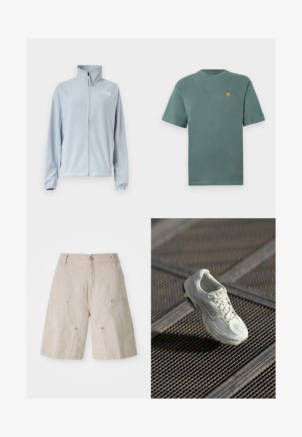 Lyseblå fleecejakke med fuld lynlås foran, høj krave, sidelommer, elastiske manchetter og lille logo på venstre bryst.; Grøn bomulds t-shirt med rund hals og korte ærmer, med et lille gult logo på venstre bryst. Blød tekstur, afslappet design.; Beige linnedshorts med en afslappet pasform, der har to forlommer og cirkulære metaldetaljer. Afslappet design med en tekstureret overflade.; Hvide Nike løbesko med overdel i mesh og syntetisk materiale, som hviler på metalristgulv i blødt naturligt lys.