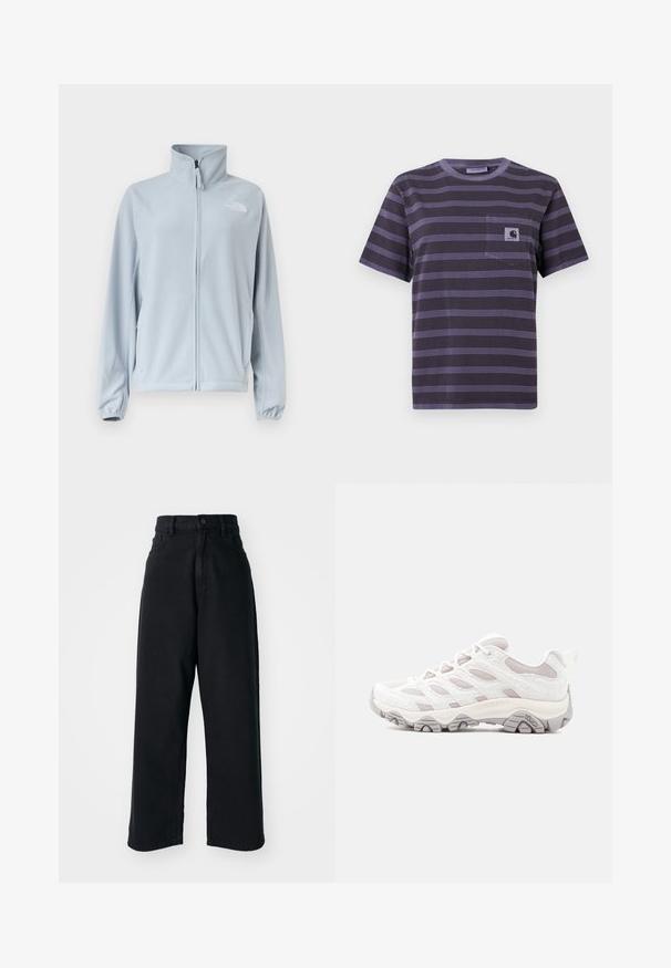 Lichtblauwe fleecejas met volledige ritssluiting aan de voorkant, hoge kraag, zijzakken, elastische manchetten en een klein logo op de linkerborst.; Paarse gestreepte t-shirt met een zak op de linkerkant van de borst, voorzien van horizontale zwarte strepen. Zacht stof, korte mouwen, ronde hals.; Zwarte high-waisted wide-leg jeans met voorzakken en knoopsluiting, weergegeven tegen een witte achtergrond.; Lichtgrijze wandelschoen met een gestructureerd bovenwerk, meshpanelen en een rubberen zool. Voorzien van een opvallend vetersysteem en Merrell-logo aan de zijkant.