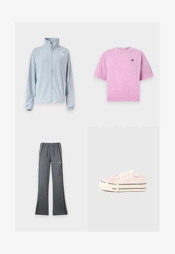 Lichtblauwe fleecejas met volledige ritssluiting aan de voorkant, hoge kraag, zijzakken, elastische manchetten en een klein logo op de linkerborst.; Roze katoenen t-shirt met korte mouwen, ronde halslijn en een klein logoplaatje op het linkerborstgebied. Gladde textuur en een ontspannen pasvorm.; Grijze trainingsbroek met een koord in de taille, zijstrepen en een klein logo. Gemaakt van zacht materiaal, met een wijd pootontwerp en een gladde textuur.; Lage pastelroze sneaker met witte zool, zwarte strepen en brede satijnen veters op een effen lichtgrijze achtergrond.