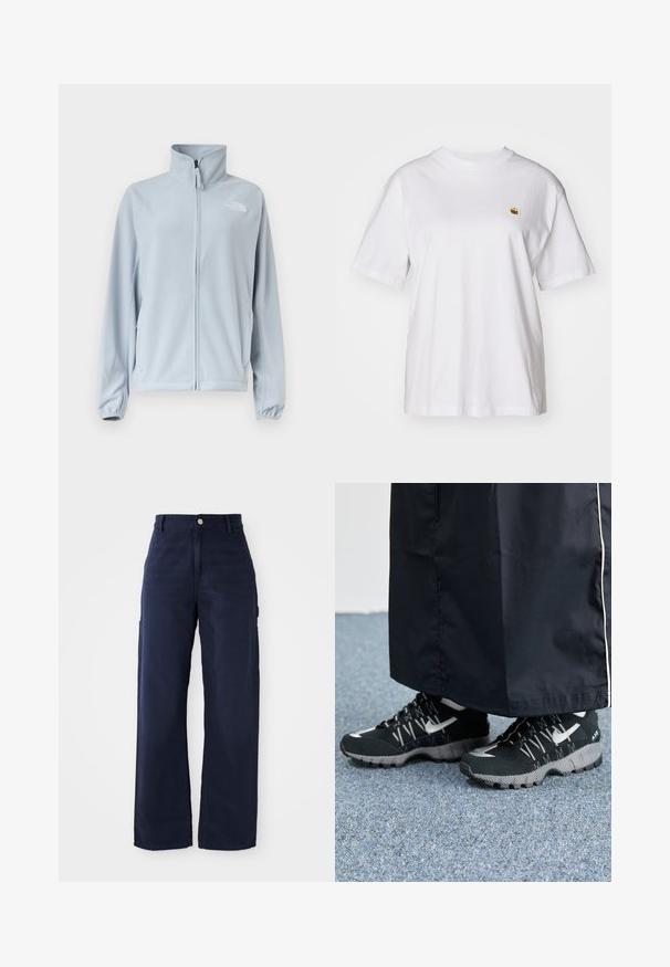 Veste polaire bleu clair avec fermeture éclair intégrale à l'avant, col montant, poches latérales, poignets élastiques et petit logo sur le côté gauche de la poitrine.; T-shirt en coton blanc avec une coupe décontractée, des manches courtes et un petit logo brodé sur la poitrine gauche.; Un pantalon cargo large en bleu marine fabriqué dans un tissu en coton résistant, avec des poches latérales et une fermeture à bouton à la taille.; Des chaussures de sport noires avec un dessus texturé, des accents argentés et une semelle extérieure à motifs, associées à un long vêtement noir. Présentées sur un tapis bleu.