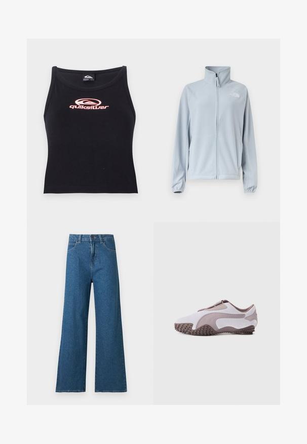 Veste polaire bleu clair avec fermeture éclair intégrale à l'avant, col montant, poches latérales, poignets élastiques et petit logo sur le côté gauche de la poitrine.; Crop top noir sans manches en tissu doux, avec un logo Quiksilver rose centré sur la poitrine. Design simple avec un décolleté arrondi.; Jean denim bleu à jambes larges avec fermeture avant à boutons et zip, et design classique à cinq poches sur fond blanc.; Chaussure de sport gris clair avec une tige en daim souple, une semelle en caoutchouc dotée de pointes texturées et un design flexible. Logo latéral dans une teinte plus foncée.