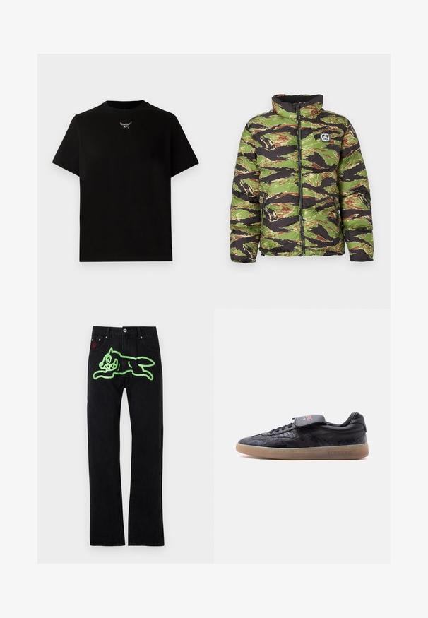 Camouflage-Steppjacke in Grün, Schwarz und Braun mit hohem Kragen und Reißverschluss. Mit einem Logo-Patch auf der linken Brust.; Schwarzes Baumwoll-T-Shirt mit kurzen Ärmeln, Rundhalsausschnitt und einem silbernen Logo-Detail auf der Brust. Glatte Textur und lockere Passform.; Schwarze Jeans mit geradem Schnitt, auf der Rückseite mit einer großen grünen Grafik einer laufenden Cartoon-Katze verziert. Mit silbernen Hardware-Details.; Schwarzer Low-Top-Sneaker mit strukturiertem Muster, Gummisohle, Schnürverschluss und einer markierten Lasche mit der Aufschrift "ICEBERG" an der Seite und der Zunge.