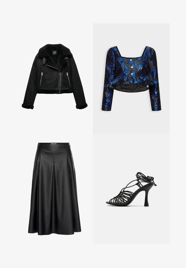 Zwarte jas van nep-schapenvacht met een cropped ontwerp, grote kraag, zakken met rits en een getextureerde rand langs de manchetten en zoom.; Sister Jane MARGOT TRIMMED - Blouse - black/blue; Zwarte leren maxi-rok met hoge taille, geplooid ontwerp en gladde textuur. Benadrukt een vloeiende silhouet.; Call it Spring GLADYSS - Sandalen - black