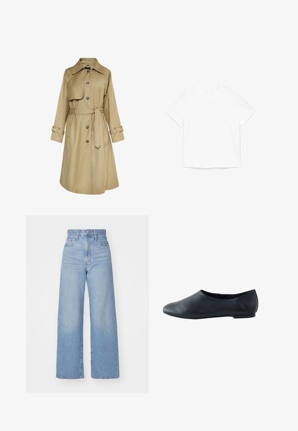 Trench-coat beige en tissu lisse. Présente un col, des boutons à l'avant, une ceinture à la taille et des poignets boutonnés. Design classique.; T-shirt blanc uni à manches courtes et col rond, étalé à plat sur un fond blanc.; Jean large taille haute bleu clair avec bouton et fermeture éclair à l'avant, poches avant et arrière, sur fond blanc.; Chaussure plate en cuir noir avec bout arrondi, côtés bas et semelle fine, vue du côté extérieur sur fond blanc.